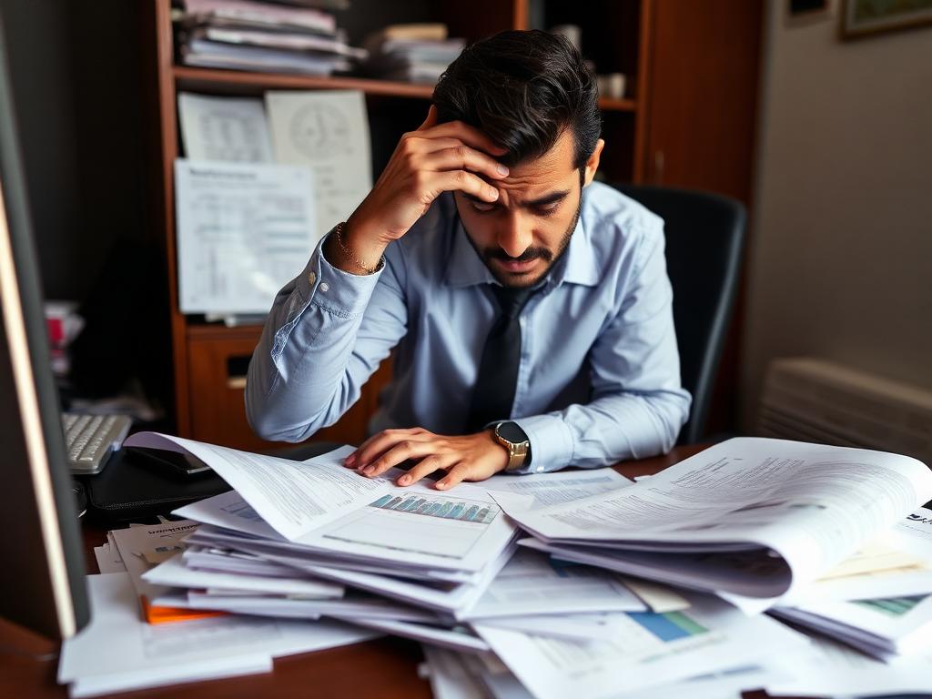 Dueño revisando reportes financieros con frustración